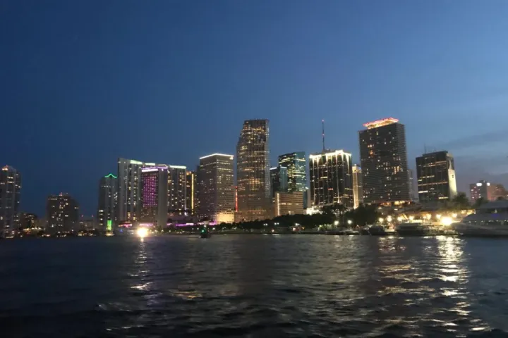 a large body of water with a city in the background