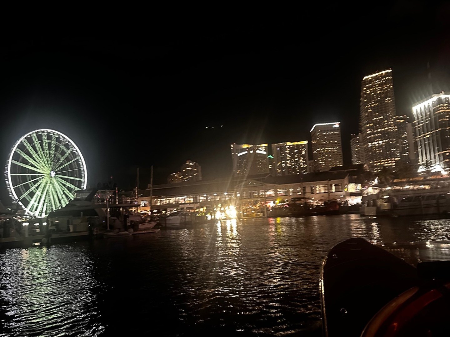 Night view of city skyline with a lit Ferris wheel by the waterfront.